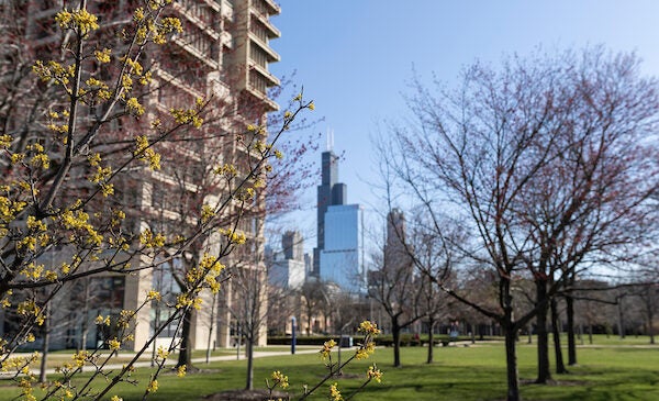 University Hall on UIC's east campus with Chicago skyline in the background