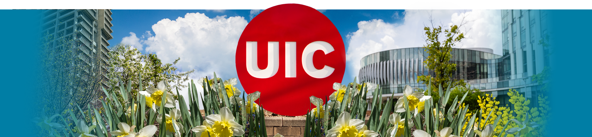 Collage art of UIC Red Dot with florals and campus buildings.