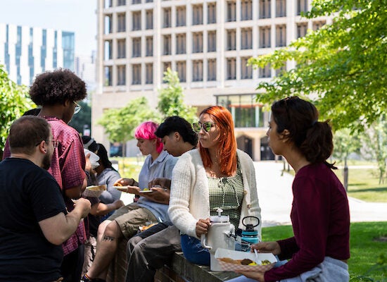 Students sitting and eating at a picnic in front of UIC's University Hall