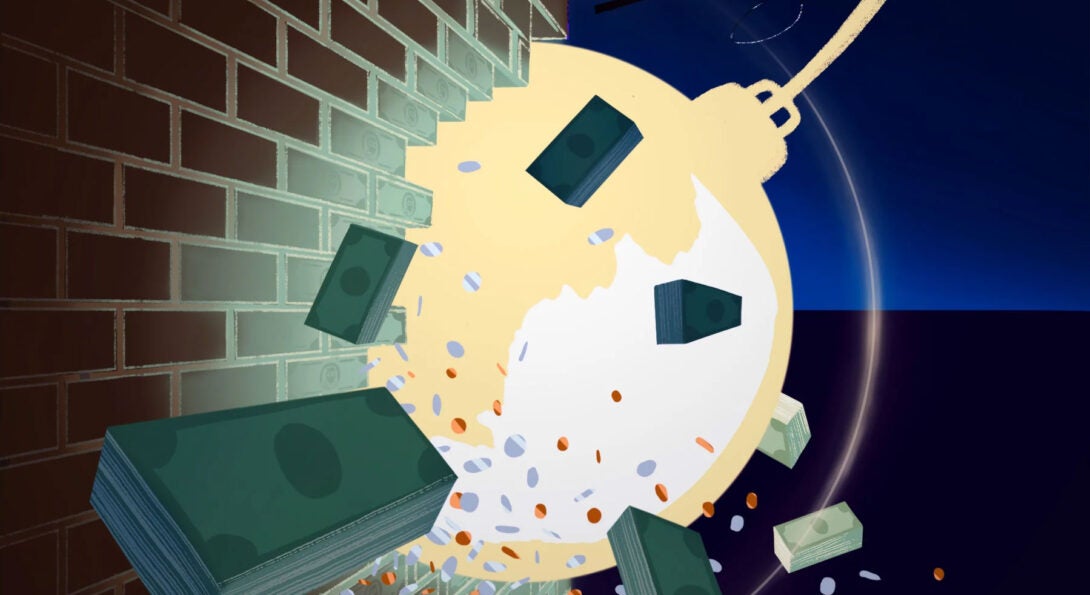 illustration of a brick wall, money flying around and a a wrecking ball