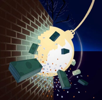 illustration of a brick wall, money flying around and a a wrecking ball
                  