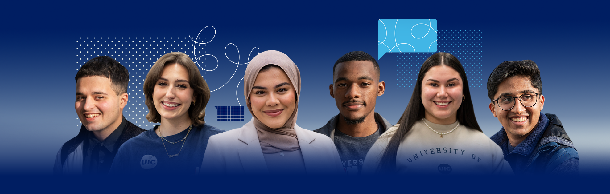 College of Liberal Arts and Sciences students smiling and in front of blue background with hand drawn graphics.