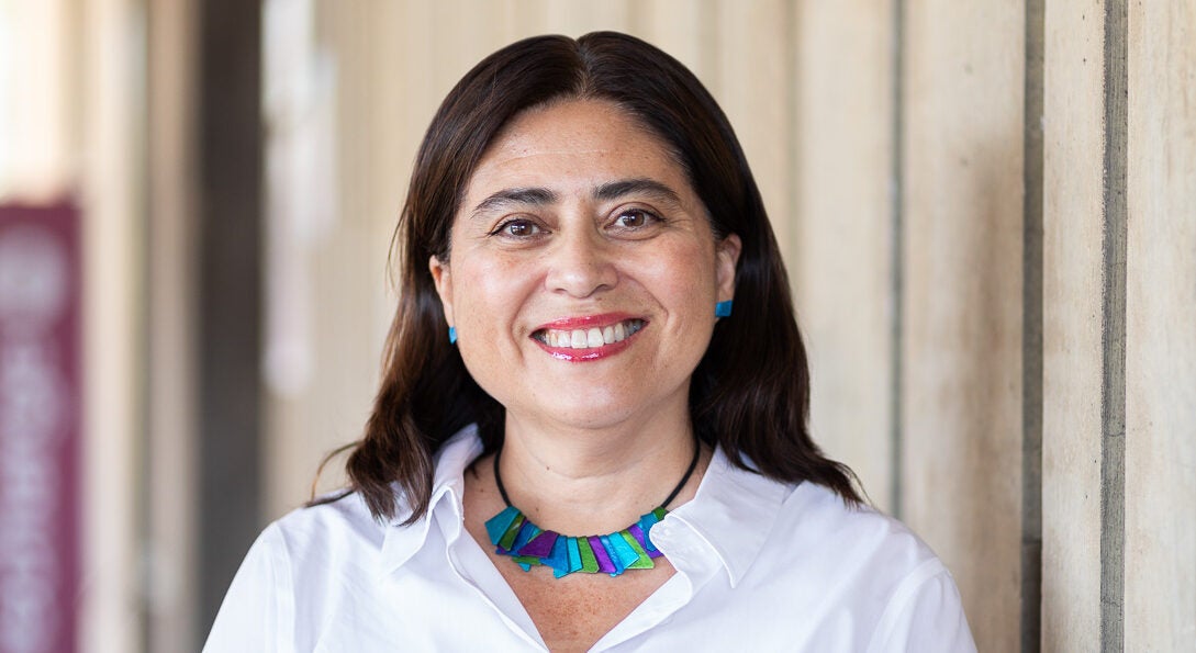 Professor Xóchitl Bada in University Hall at the University of Illinois Chicago