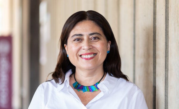 Professor Xóchitl Bada in University Hall at the University of Illinois Chicago