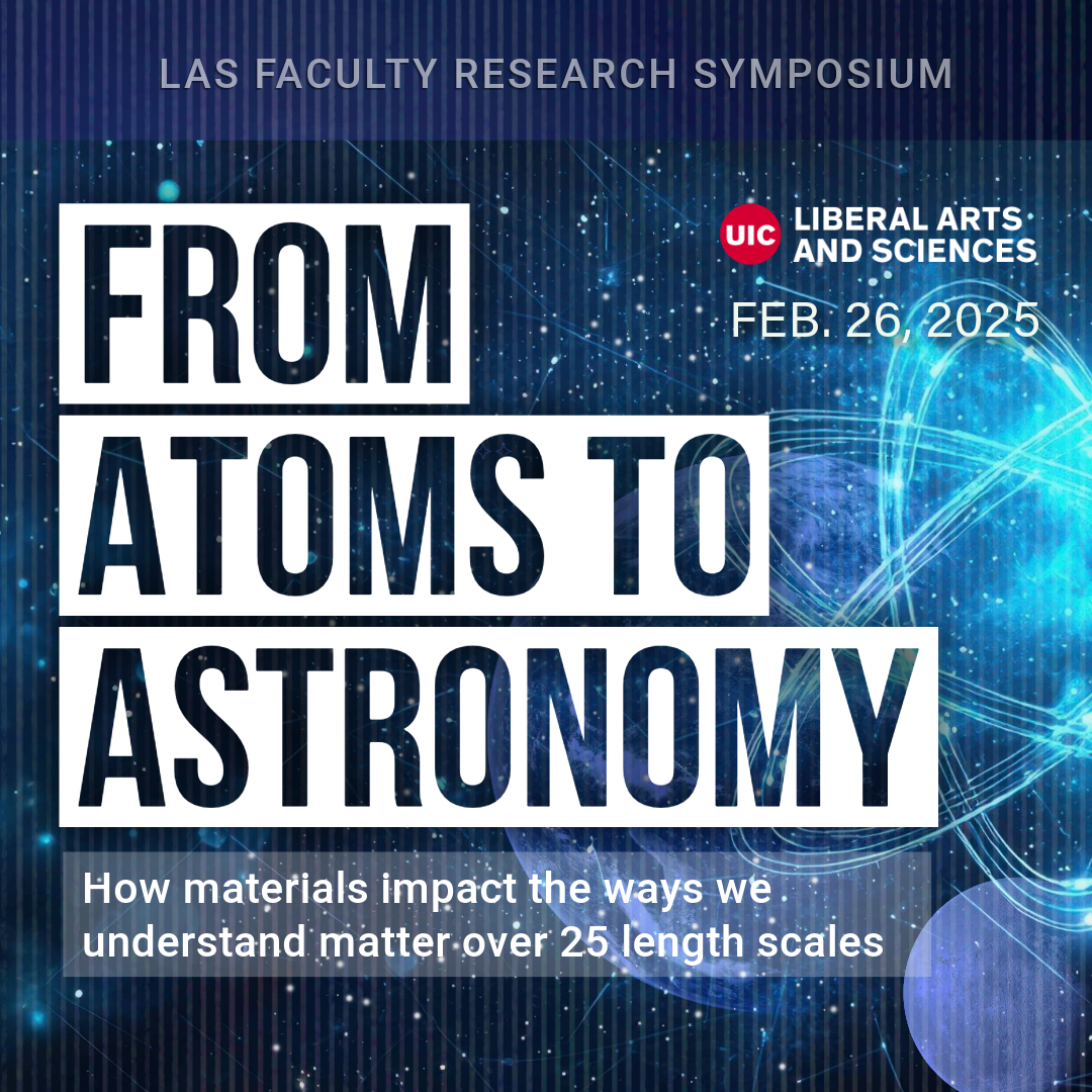 from atoms and astronomy; how materials impact the eways we understand atter over 25 length scales. atom and planets floating in a stary galaxy