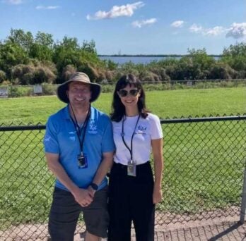 Professor Andrew Dombard and graduate student Martina Caussi attended the Oct. 14 launch of the Europa Clipper. (Photo: D’Arcy Meyer-Dombard) 