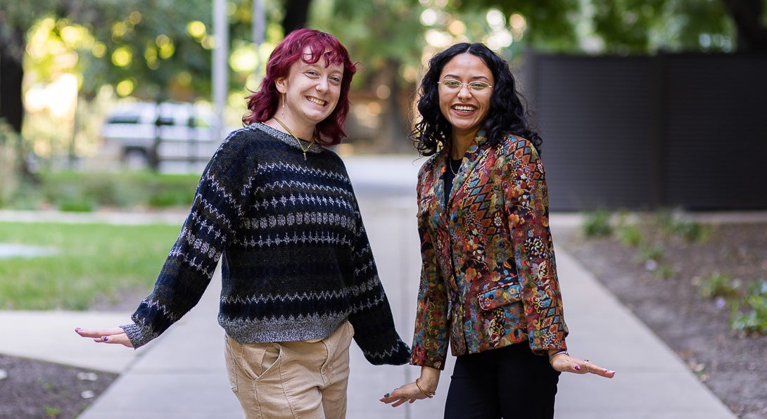 Students Elijah Girik (left) and Dazalyn Moore strike a pose on UIC's east campus