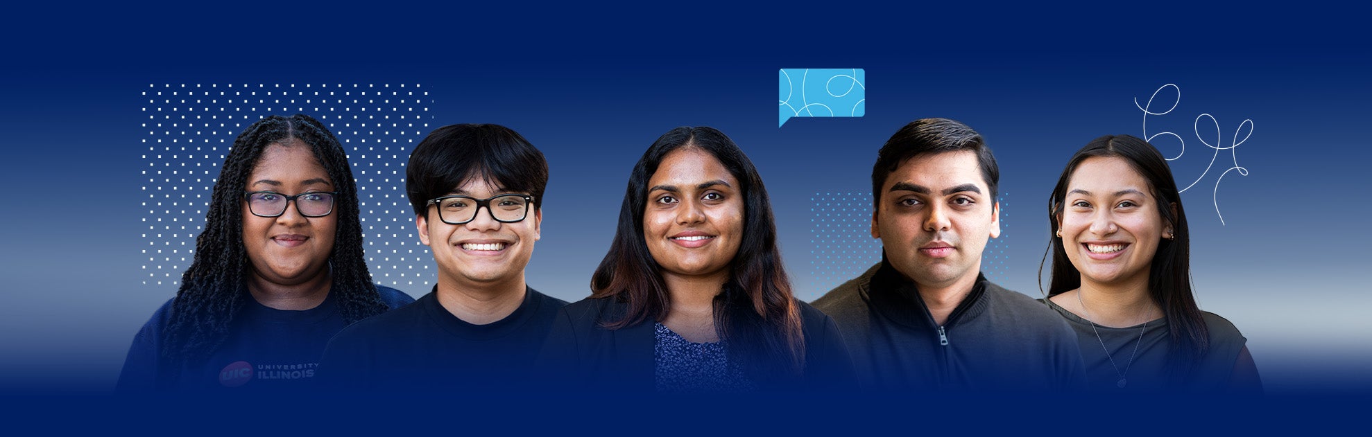 College of Liberal Arts and Sciences students smiling and in front of blue background with hand drawn graphics.